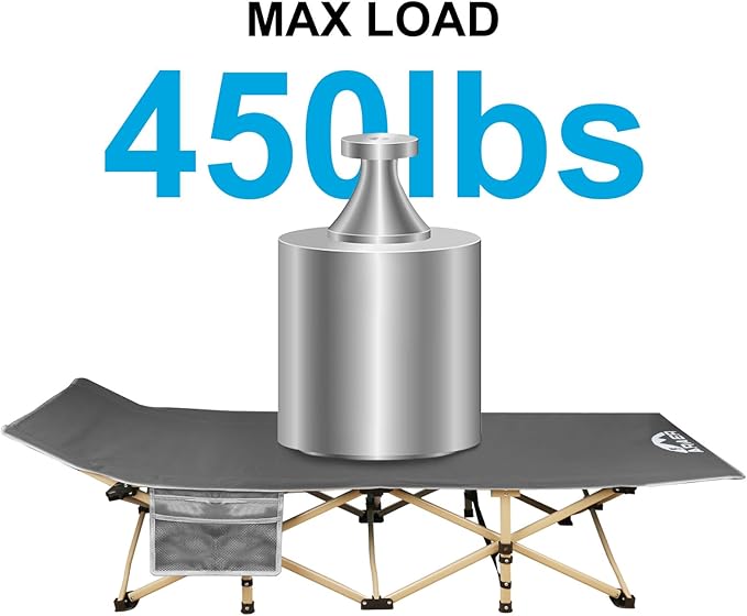 Camping Cot, 450LBS(Max Load), Portable Folding Outdoor Bed with Carry Bag for Adults Kids, Heavy Duty Cot for Traveling Gear Supplier, Office Nap, Beach Vocation and Home Lounging (Grey)
