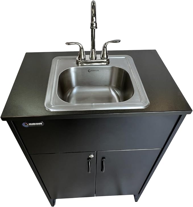 Ozark River Portable Sinks Essential Series, Black Laminate Countertop-Black Cabinet-Stainless Basin, Mobile Hot Water Hand Washing with Water Tanks,110v Portable Handwashing Sink