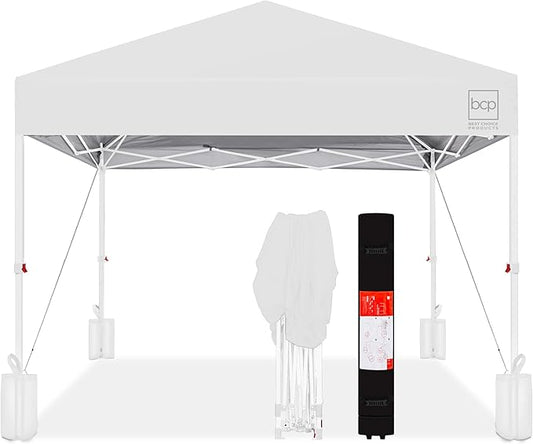 Best Choice Products 8x8ft Pop Up Canopy Tent, Outdoor Shade, 1 Person 1 Minute Set Up, Carry Case, 4 Weight Bags - White/White