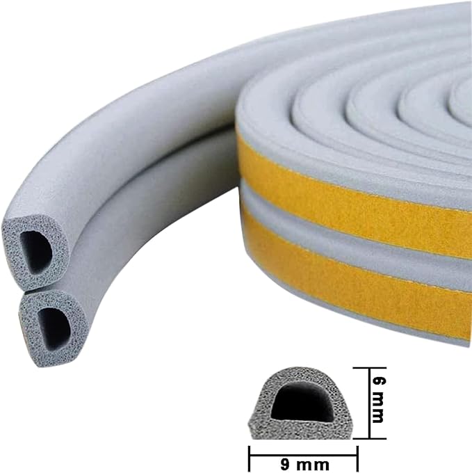 Weather Stripping Seal Strip Tape, Doors Windows Frame Self Adhesive D Type Foam Sealing Tape, 32.8Ft Rubber Soundproof Insulation Cell Foam Stripping, Grey