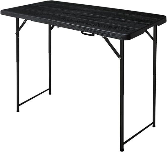 4ft Folding Table, Portable Fold-in-Half Adjustable Height Utility Table for Indoor/Outdoor Use, Durable HDPE & Steel, Stable & Lightweight, Multi-Purpose, Black Woodgrain