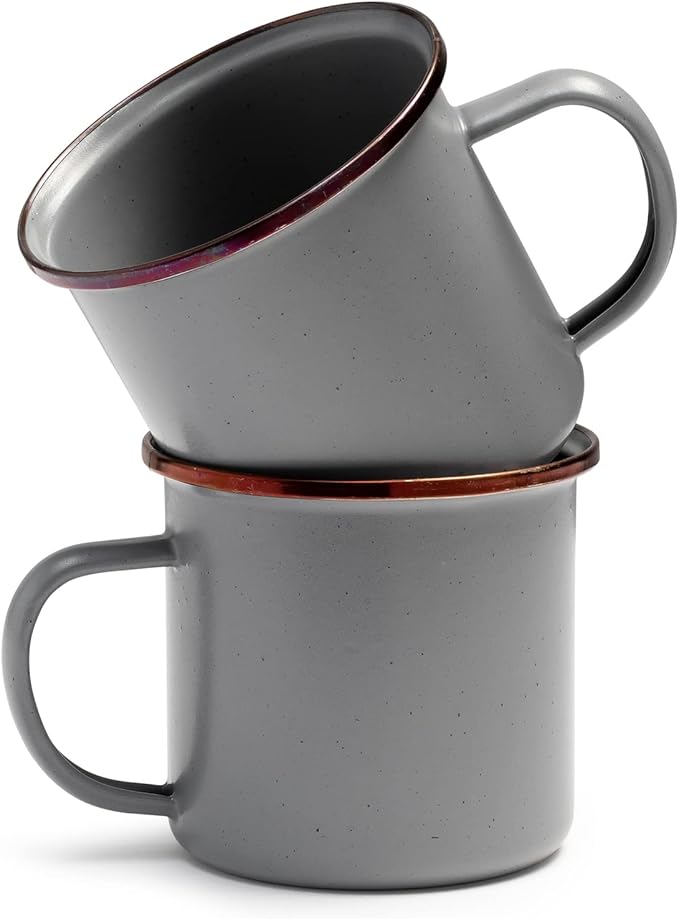 Barebones Enamel Cup Set- Enamel Coffee Mugs Set of 2 16-oz - Stainless Steel Rim Camping Mug for Indoor and Outdoor Use (Slate Gray)