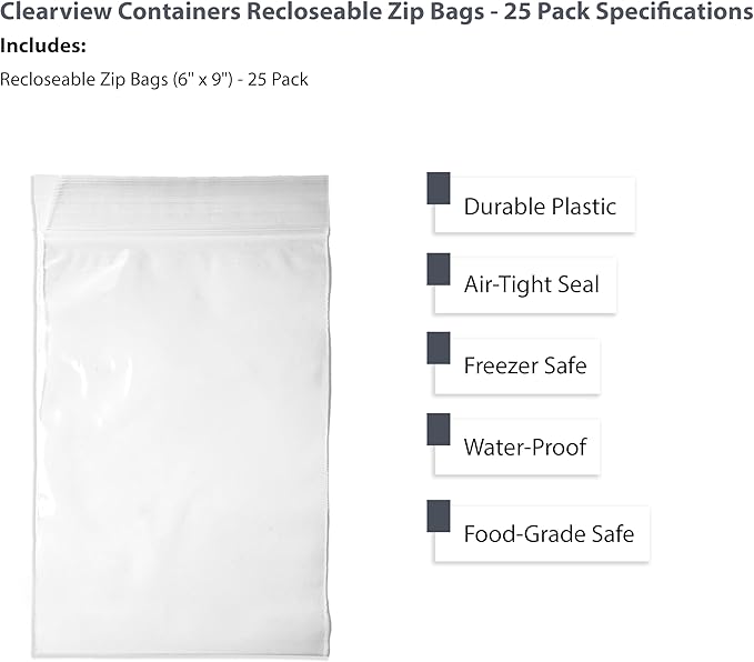 25-Pack 6" x 9" Reclosable Zip Bags – Durable & Convenient Storage Solution