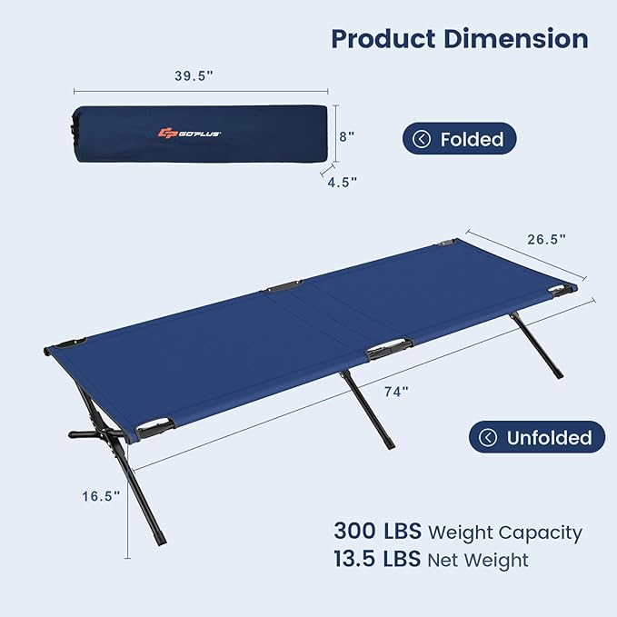 Goplus Folding Camping Cot with Carrying Bag, Portable Lightweight Outdoor Sleeping Bed for Adults Kids, 300LBS Weight Capacity, Heavy-Duty Camping Bed for Traveling