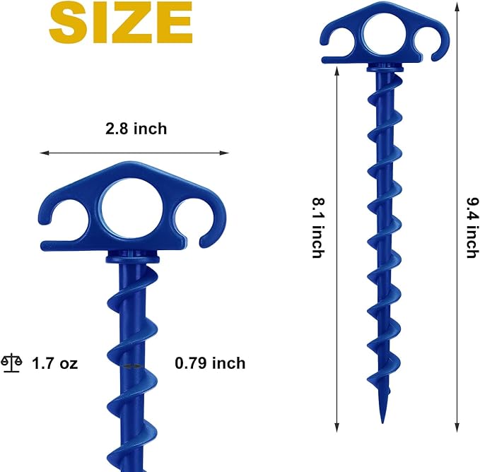 Tent Stakes Ground Anchors Screw in, 6 Pack Sand Stakes for Beach 9.4 Inch Heavy Duty Spiral Tent Pegs for Camping, Party, Hiking, Outdoor Decoration (6, Blue)