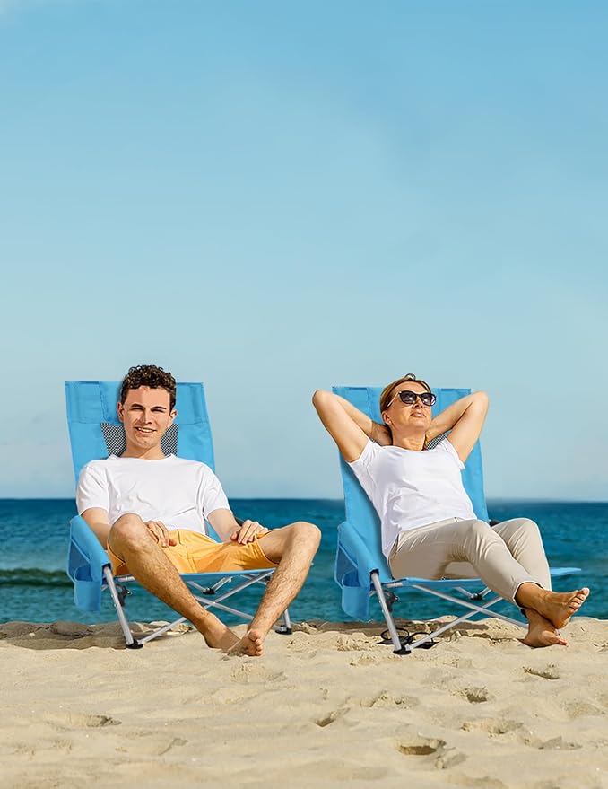 BDL Low Beach Chairs for Adults 2 Pack, Portable Lightweight Folding Chair Cup Holder & Carry Bag, Set of 2 Folding Beach Chair for Outdoor, Sand, Camping, Concert, Travel（Blue）