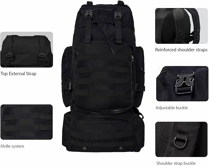 Tactical 80L Hiking Backpack with Dedicated Shoe Compartment - Large Capacity Rucksack for Camping Backpacking Men Women - Outdoor Trekking Travel Pack (Black)