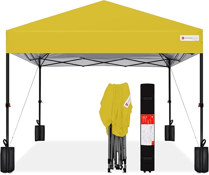 Best Choice Products 12x12ft Pop Up Canopy Tent, Outdoor Shade, 1 Person 1 Minute Set Up, Carry Case, 4 Weight Bags - Yellow
