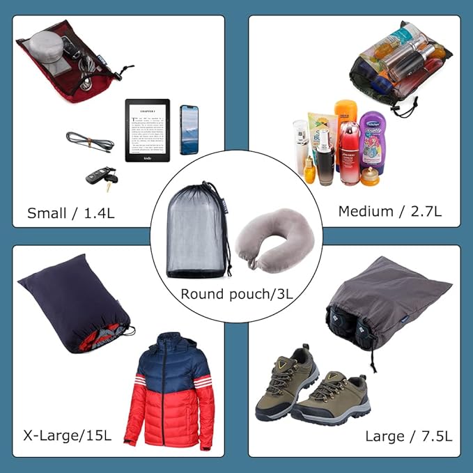 Nylon Stuff Sack Set 5-Piece (1.4L/2.7L/3L/7.5L/15L); Drawstring Storage Sack; Mesh Bags; Ditty Bags Small M Large XL for Organization Travel Camping Backpacking Down Jacket; Assorted Colors