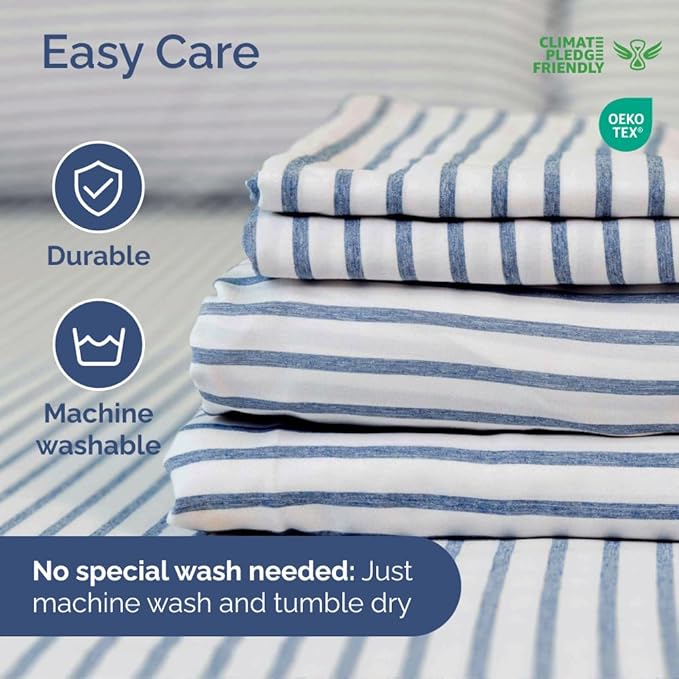 Short Queen Size 4 Piece Sheet Set - RV Short Queen, Soft, Breathable & Cooling Bed Sheets Set w/ Deep Pockets - Hotel Luxury Bedding for Women, Men, Kids, Teens, Boys & Girls, Oeko-Tex - Blue Stripes