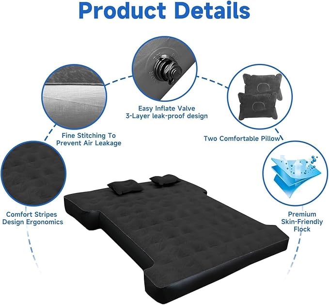 Umbrauto 6-6.5ft Mid SizeTruck Bed Air Mattress for Short Beds, Inflatable Mattress with Pump for MidSize Pickup Bed Tent Camping, Pick Up Truck Sleeping Pad for Outdoor Travel