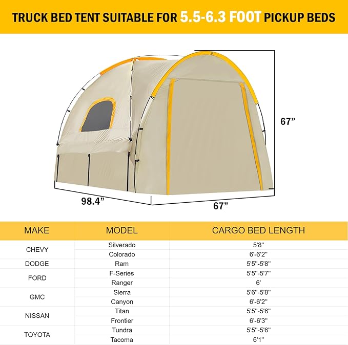 Pickup Truck Tent with Awning Shade,Waterproof PU5000mm Oxford for 5.5-6.3 FT Truck Bed for Camping Travel Outdoor Activities for Chevy Silverado 1500,Ram 1500/Dakota,F150,GMC 1500,Titan,Tundra