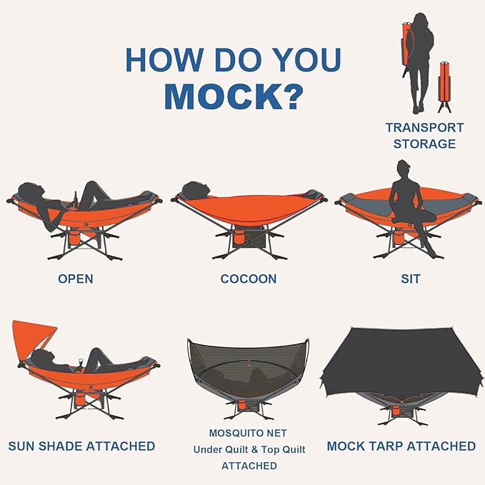 Portable Hammock with Stand, World's Best Mock ONE® Hammock Samsara Set, Compact Folding Framed Hammock with Bug Net, Tarp for Park, Backyard, Garden, Camping, Hiking, Mountaineering, Beaches- Orange