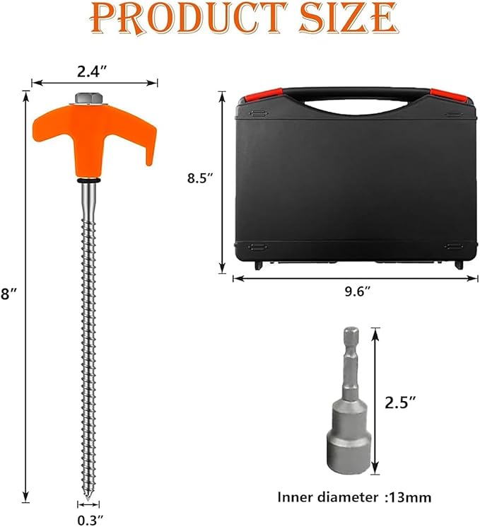8" Tent Stakes Heavy Duty 12 Pack, Screw in Tent Stakes, Metal Threaded Camping Stakes, Ground Anchors for Canopies, Gardening and Inflatable Decor, with Storage Box and Hex Socket