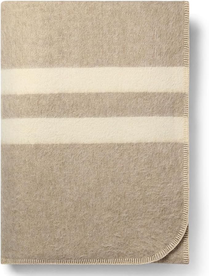 Thick Alpaca Wool Blanket Queen Size Heavyweight for Camping Outdoors or Using Indoors | Soft Peruvian Alpaca Wool Blankets (Beige - Ivory Stripes 2, Queen)