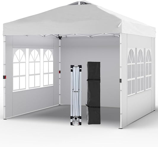 Shades 10x10 Pop Up Canopy with 3 Sidewalls & 4 Sandbags,Heavy Duty Beach Tent with Portable Bag,Sun Shelter for Parties,Events,Outdoor Gazebo with 420D Coated Waterproof White Fabric
