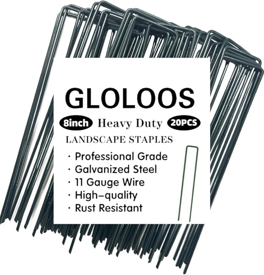 8 inch 20 Pack Green Galvanized Landscape Staples 11 Gauge Garden Stakes Pins Anti-Rust Ground Stakes U-Shaped Tent Stakes are Used for Weed Barrier, Irrigation Tubing, Yard Lawn, Landscape Fabric