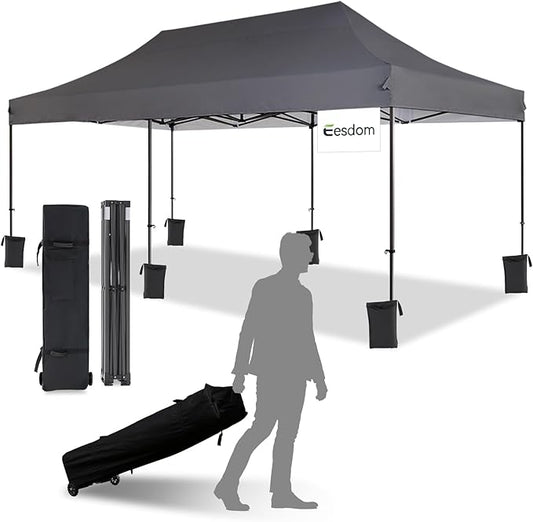 10x20 Canopy Tent with Roller Bag, Easy Up Pop Up Tent, 300D Silver-Coating Outdoor Shelter, 4 Stakes & 4Sandbags & 4 Ropes, Grey