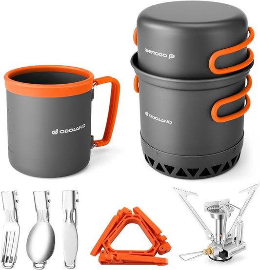 Odoland Camping Pots with Heat Exchanger Camping Cooking Set with Portable Camping Stove Camping Mess Kit Include Mug, Folding Utensil Set, Canister Stabilizer for Backpacking Outdoor Hiking & Picnic
