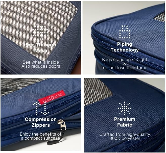 LeanTravel Premium Compression Packing Cubes for Travel - Luggage Organizers with Double Zipper - Sturdy Bags for Suitcase (6-Pack, Navy Blue)