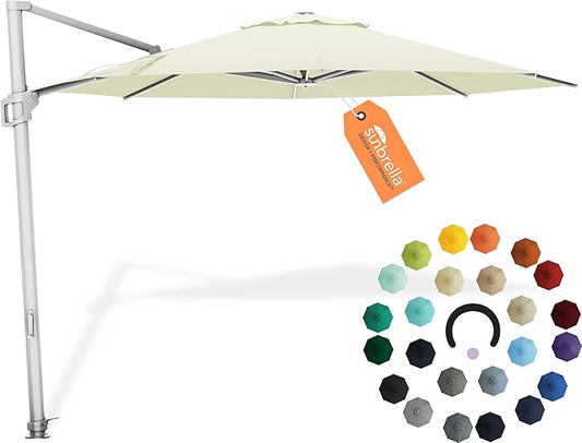 Midtown Umbrellas 10 Ft Outdoor Cantilever Patio Umbrella w/Sunbrella Canvas Natural Fabric - 360° Rotate Offset Patio Umbrella, Deck Patio Umbrella, Backyard Umbrella & Garden Umbrella - Silver Frame
