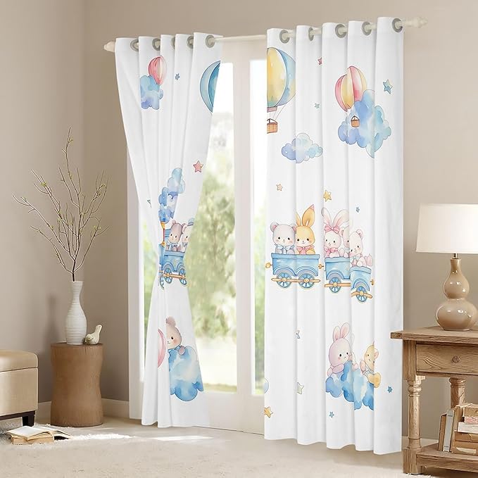 Cartoon Train Window Curtain | Cute Bear Rabbits Window Treatment Curtain for Men Bedroom Decor,Hot Air Balloon Curtains Coquette Girly Princess Living Room Top 2 Panels,52Wx63L
