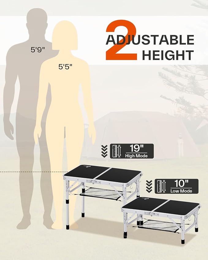 Sportneer Folding Table: Adjustable Height Camping Essentials 23.6" L x 15.7" W 2 Height with Mesh Layer - Compact & Portable Small Folding Table for Outdoor Camp Garden Picnic BBQ Dining Cooking