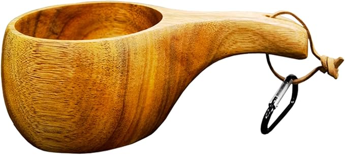 Sanrich Wooden Mug Kuksa Handcrafted Wood Camp Mug Survival Wood Cup Camping Cups & Mugs with Carabiner Leather Lanyard For Drinking Tea Coffee (8 ounces-tortoiseshell-no handle hole)