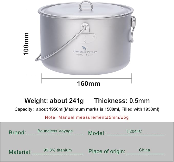 Boundless Voyage Titanium Hanging Pot for Outdoor Camping Backpacking Hiking Ultralight Portable Cooking Pot Camp Kitchen Cookware 1300ML/1950ML/2900ML