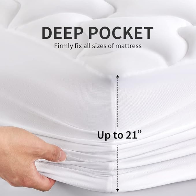 SLEEP ZONE Mattress Pad Cal King Cooling Mattress Topper, Quilted Fitted Mattress Cover, Machine Washable Mattress Protector, Soft Fluffy Down Alternative, Deep Pocket 8~21 inch (White, Cal King)