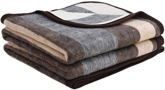 Alpaca Warehouse 100% Natural Alpaca and Sheep Wool Blanket Full/Queen Size Thick Heavyweight Comfortably Warm - Great for Outdoor Use - Striped Design 87" x 73" (Beige/Brown/Gray, Full/Queen)