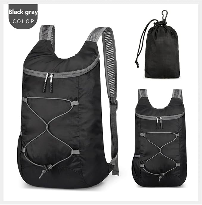 16L Lightweight Foldable Hiking-Backpack Small Packable-Daypack For Travel,Ultralight Water-Resistant Gym Bag Men Women Easy Carry-on (Black&Gray)
