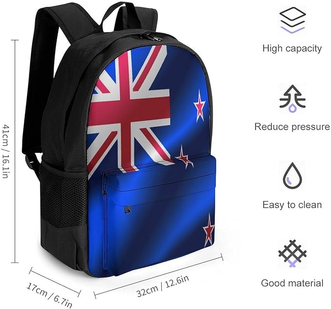 Polyester Daypack for Hiking Work Running, Big Capacity Anti-Theft Multipurpose Shoulder Bag, Flag Of New Zealand Travel and Sport Backpack Rucksack