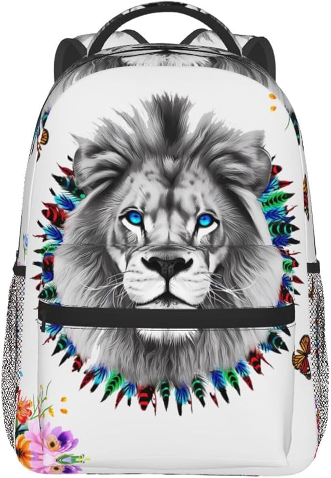 Rucksack Multipurpose Anti-Theft Big Capacity Shoulder Bag, Lion Feather Flower Butterflies Art Travel Hiking Camping Rucksack With Side Pockets