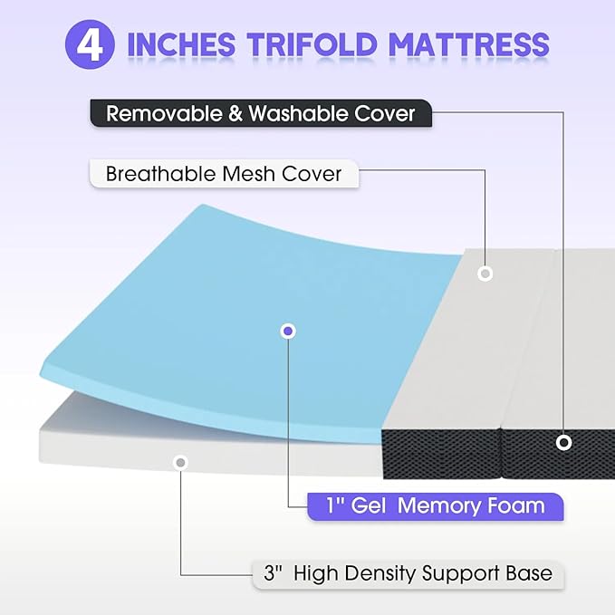 Queen Folding Mattress 4 Inch Tri-Fold Memory Foam Folding Mattress Topper - Portable, Washable Cover, Non-Slip Bottom - Perfect for Camping, Guest, Floor, Yoga