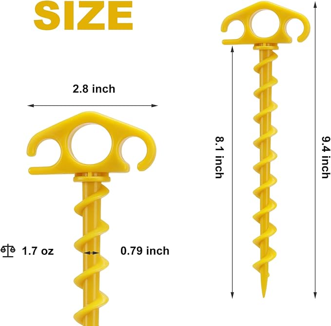 Tent Stakes Ground Anchors Screw in, 6 Pack Sand Stakes for Beach 9.4 Inch Heavy Duty Spiral Tent Pegs for Camping, Party, Hiking, Outdoor Decoration (6, Yellow)
