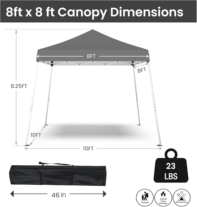 Pop-up Canopy Tent,Portable Outdoor Canopy for Parties Camping,Slant Legs Folding Tent,Sports Shelter,Beach Tent,Base 10x10 Top 8x8,3 Adjustable Height(Grey)