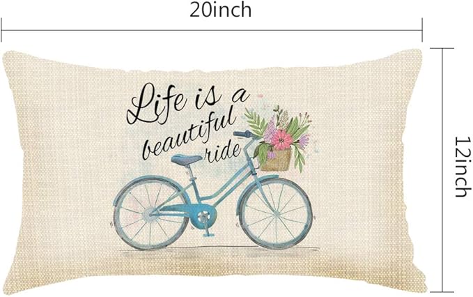 Throw Pillow Cover Life is A Beautyful Ride Sweet Love Bicycle Decorative Pillow Case Home Decor 20x12 Inches Pillowcase