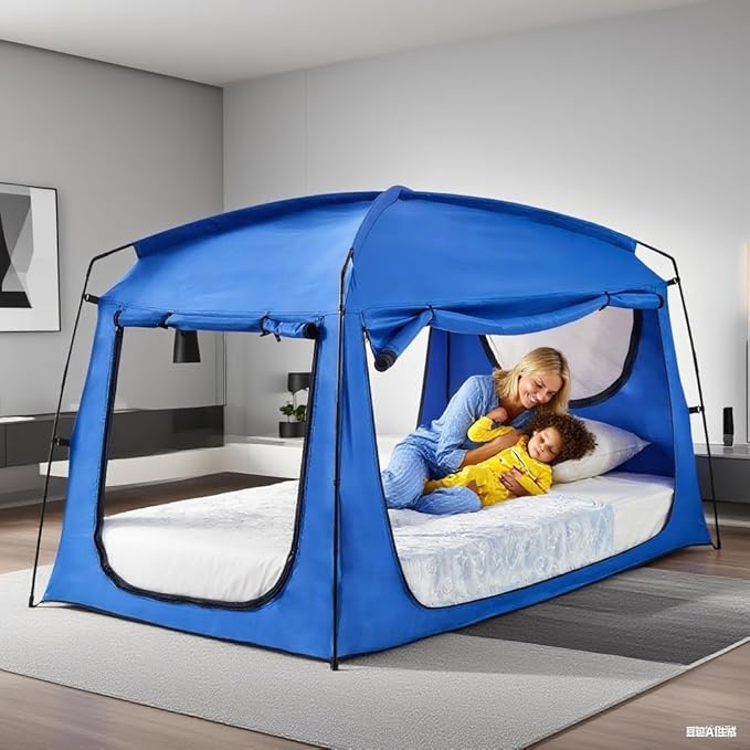 Privacy Sleep Indoor Bed Tent for Adults Kids, Portable Blackout 90% Canopy Tents with 3 Doors Breathable Mesh Windows
