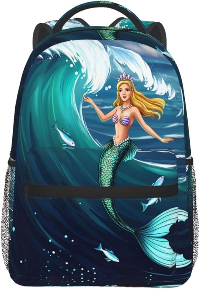 Daypack Backpack Anti-Theft Multipurpose Large Capacity Carry On Bag, Fantastical Style Mermaid And Huge Waves Art Traveling Camping Backpack With Side Pockets