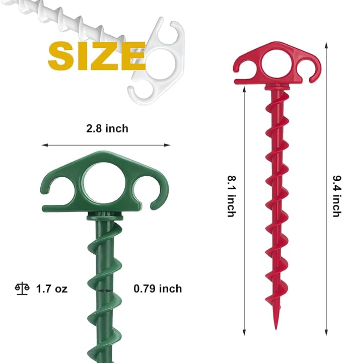 Tent Stakes Ground Anchors Screw in, 9 Pack Sand Stakes for Beach 9.4 Inch Heavy Duty Spiral Tent Pegs for Camping, Party, Hiking, Outdoor Decoration (9, Red+Green+White)