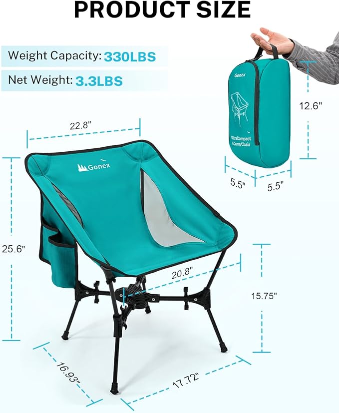 Gonex Portable Camping Chair, The 5th Gen Ultralight Compact Backpacking Foldable Lightweight Folding Chair for Outdoor Camp Hiking Beach Picnic Concert, Supports 330lbs (Lake Green)