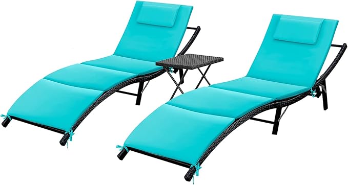 GUNJI Lounge Chairs for Outside 3 Pieces Patio Adjustable Chaise Lounge Outdoor Wicker Lounge Chairs Set of 2 with Table Folding Chaise Lounger for Poolside, Deck, Lawn (Blue)