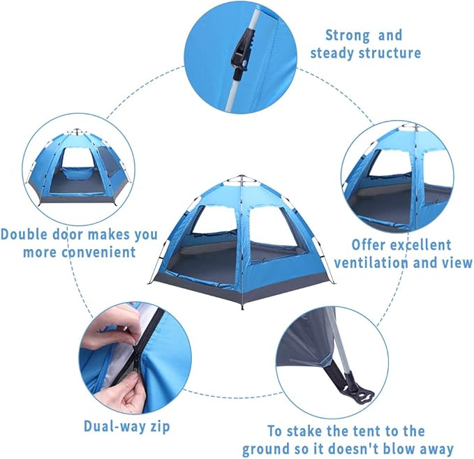 3-4 Person Automatic Family Tent, Instant Pop Up Waterproof for Camping Hiking Travel Outdoor Activities, Sports Tent Camping, Sun Shelters Tent, Advanced Venting Design