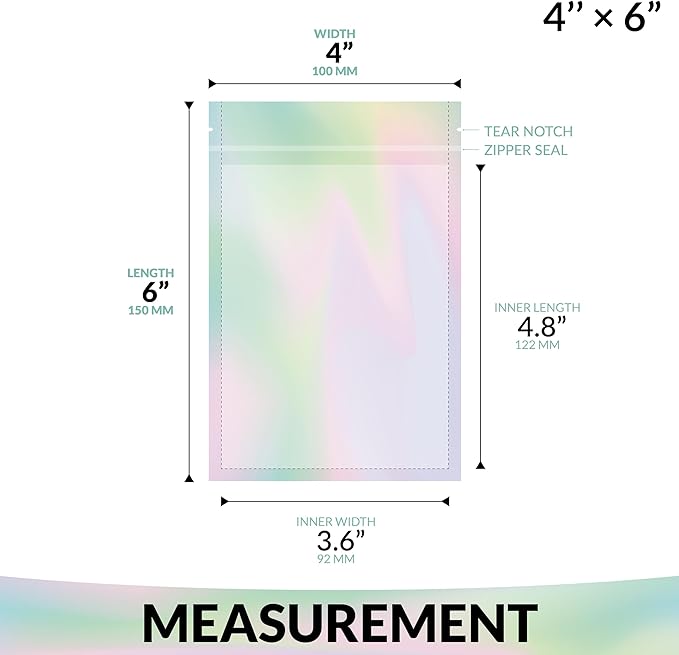 Mylar Bags with Zipper Seal 4 x 6" | 100 Bags | Rainbow Holographic | Sealable Heat Seal Bags for Candy and Food Packaging, Medications and Vitamins | For Liquid and Solids (4" x 6")