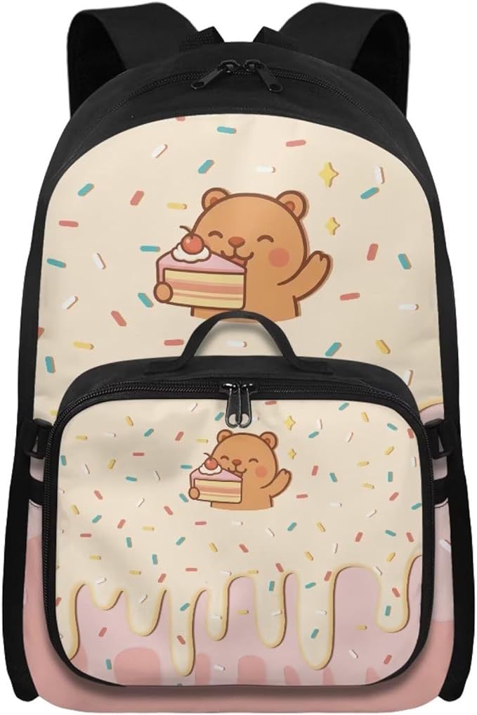 HUGS IDEA Cake Bear Backpack for Girls for School Cute Bookbag for Girls 8-10 Kids Backpack with Lunch Bag Cute School Bag Set for Elementary Students Casual Daypack