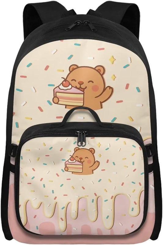 HUGS IDEA Cake Bear Backpack for Girls for School Cute Bookbag for Girls 8-10 Kids Backpack with Lunch Bag Cute School Bag Set for Elementary Students Casual Daypack