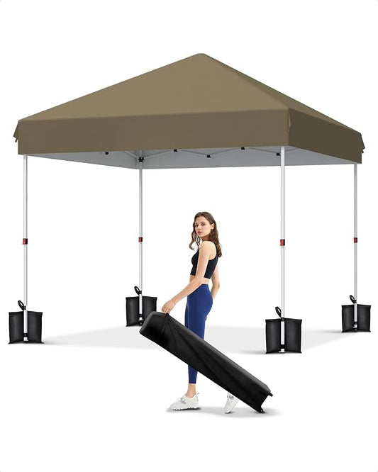 10x10 Pop Up Canopy Tent Outdoor Canopy with No Removable Sidewall One-Person Set Up Heavy Duty Commercial Instant Tent Shelter-Khaki