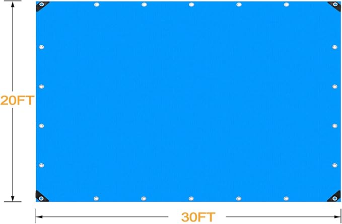 Large Tarps Heavy Duty Waterproof 20x30, Blue Tarp, Waterproof Plastic Poly 16 Mil Thick Tarpaulin with Metal Grommets Every 19.5 Inches - Emergency Rain Shelter, Outdoor Cover, and Camping Use