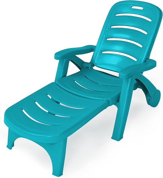 Tangkula Outdoor Chaise Lounge Chair, Adjustable 5-Position Recliner Chair with Built-in Wheels, Weather-Resistance Folding Lounge for Patio, Backyard, Poolside and Beach (1, Turquoise)